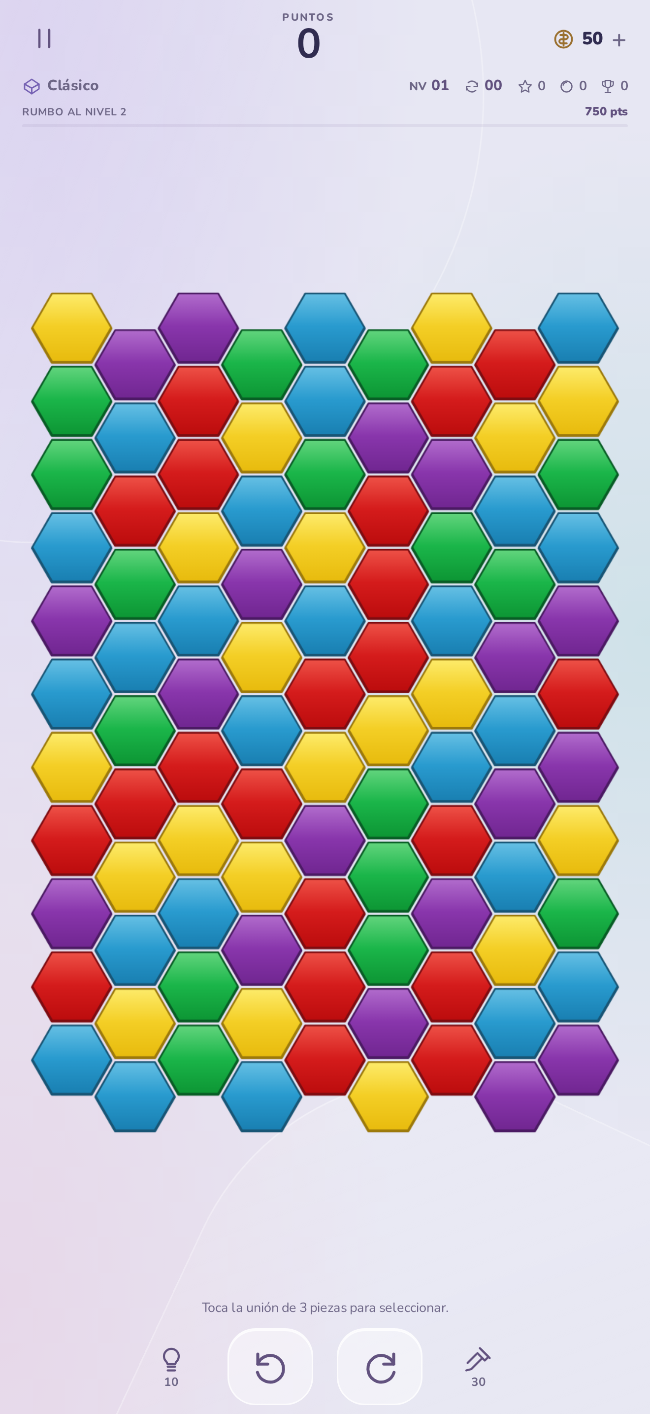 Tablero de Hex-A-Gon con hexágonos de colores
